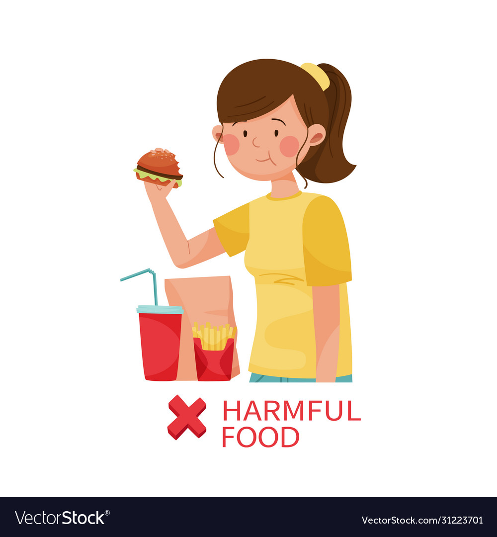 Female holding hamburger consuming fat fast food Vector Image