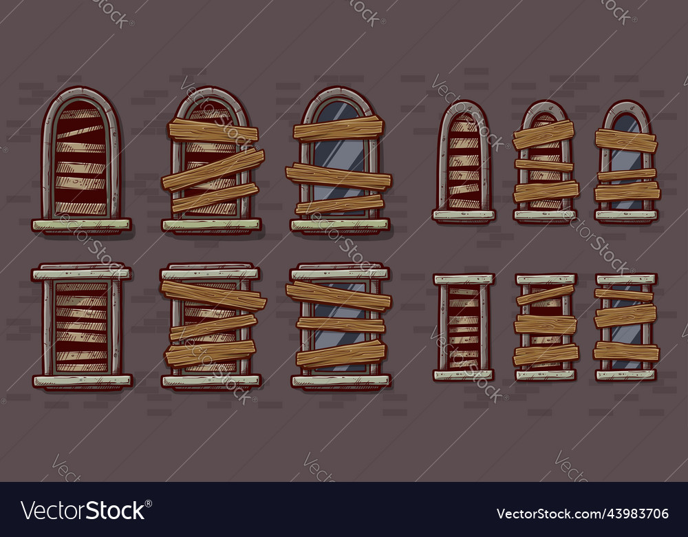 Cartoon windows closed with wooden planks