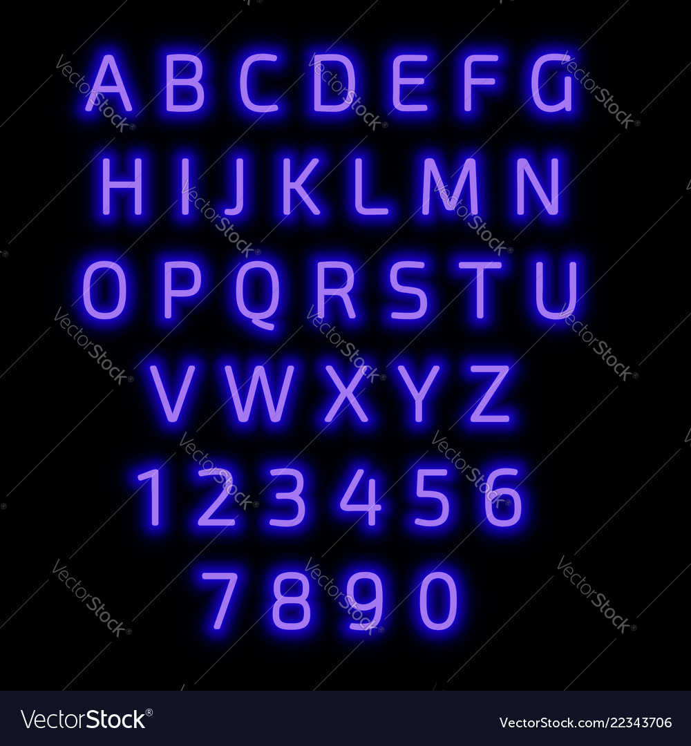 English alphabet and numbers neon style Royalty Free Vector