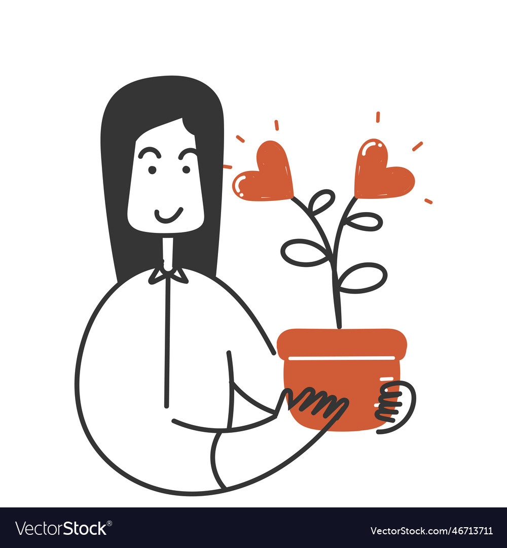 Hand drawn doodle hands holding houseplant