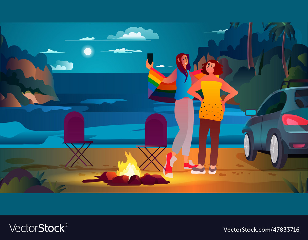 Girls with lgbt rainbow flag at beach night party Vector Image