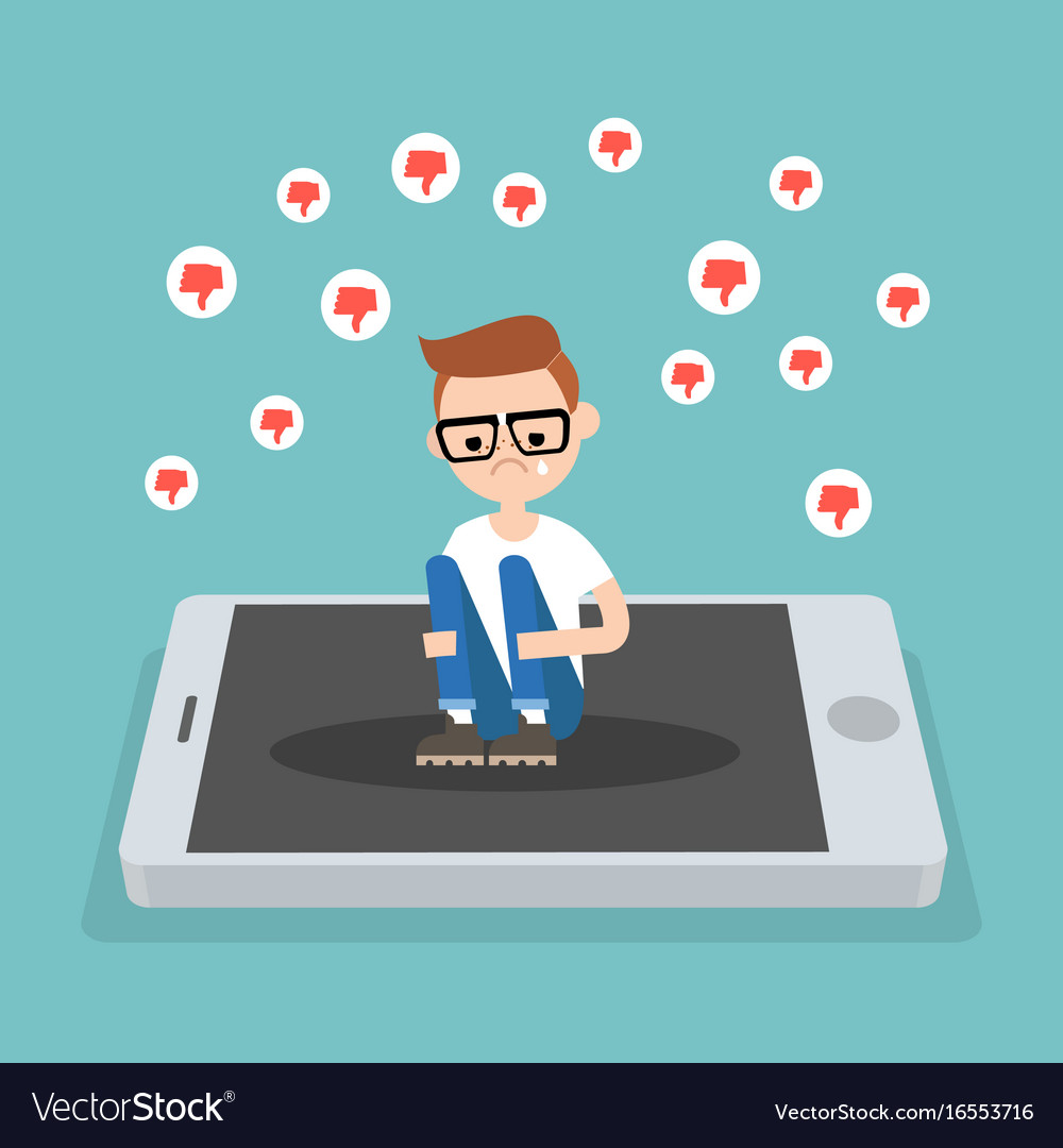 Upset crying nerd sitting on the mobiles screen Vector Image