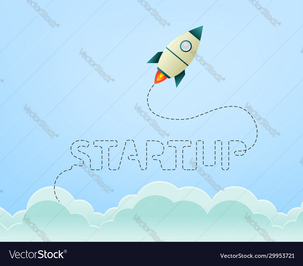 Startup concept with rocket rising through sky Vector Image