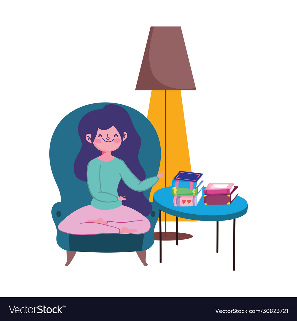 Stay at home girl sitting in chair with books Vector Image