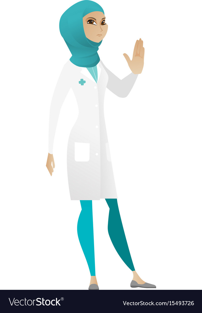 Muslim doctor showing stop hand gesture Royalty Free Vector