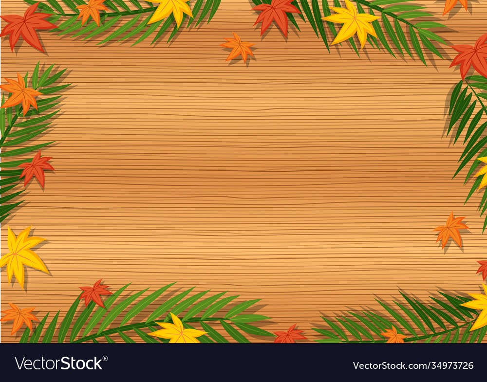 Top view blank wooden table with leaves