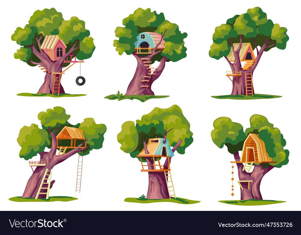 Treehouses cartoon tree houses in yard wooden