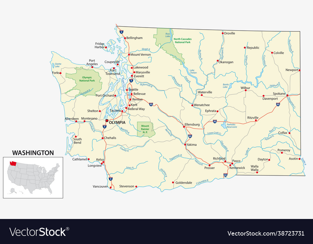 Road map us american state washington Royalty Free Vector