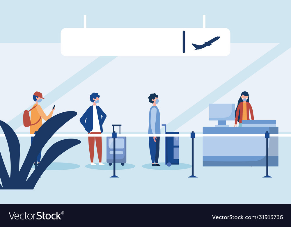 Woman at airport reception and men with masks Vector Image