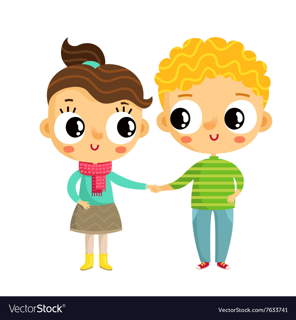 cute cartoon boy and girl holding hands