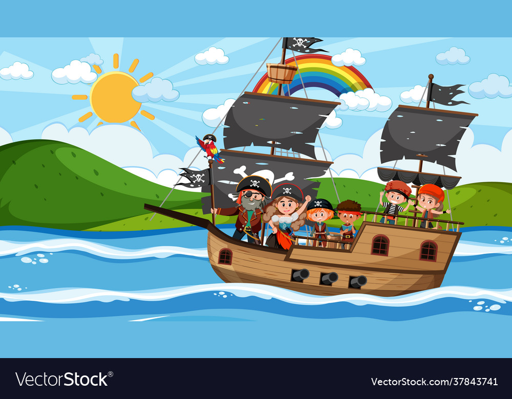 Ocean scene at daytime with pirate kids Royalty Free Vector