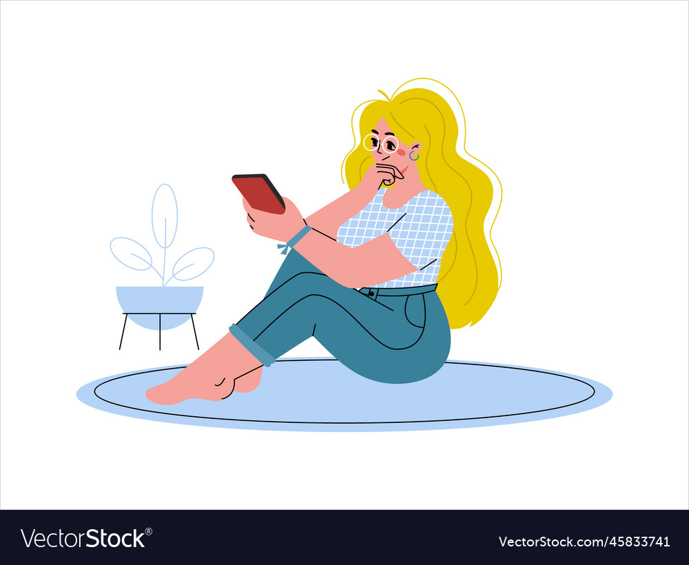 Young woman looks at phone and thinksflat