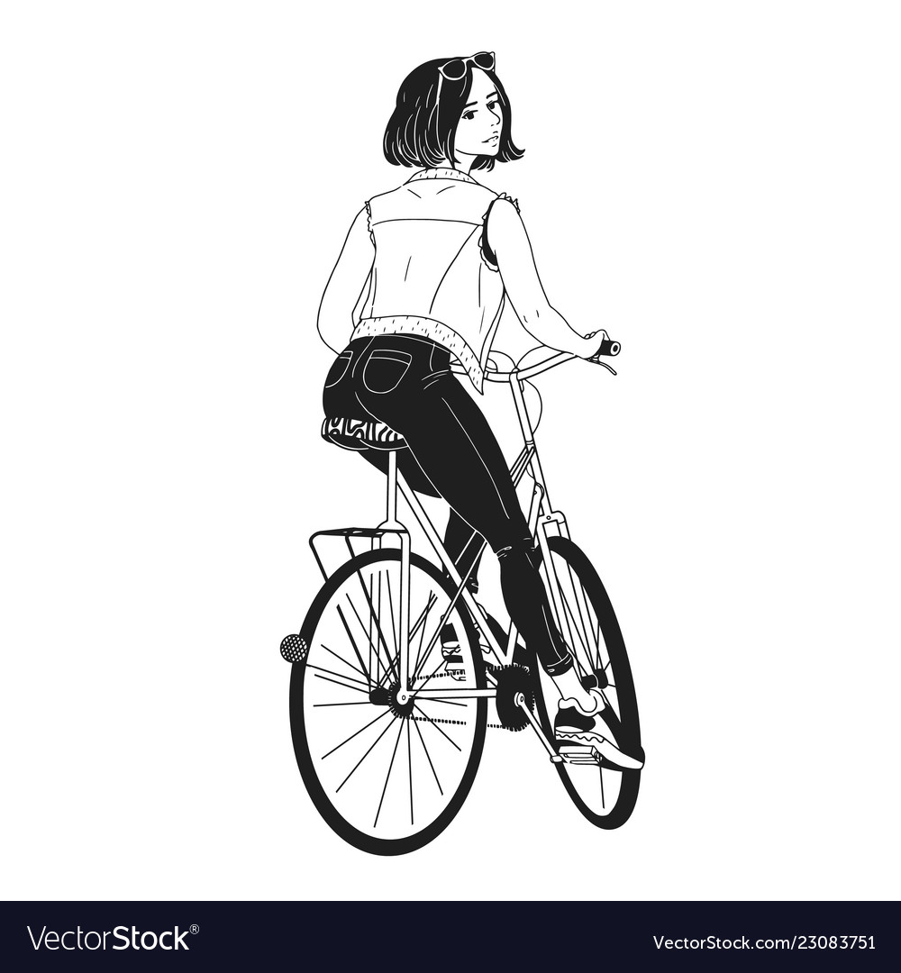 Monochrome drawing of gorgeous young woman riding