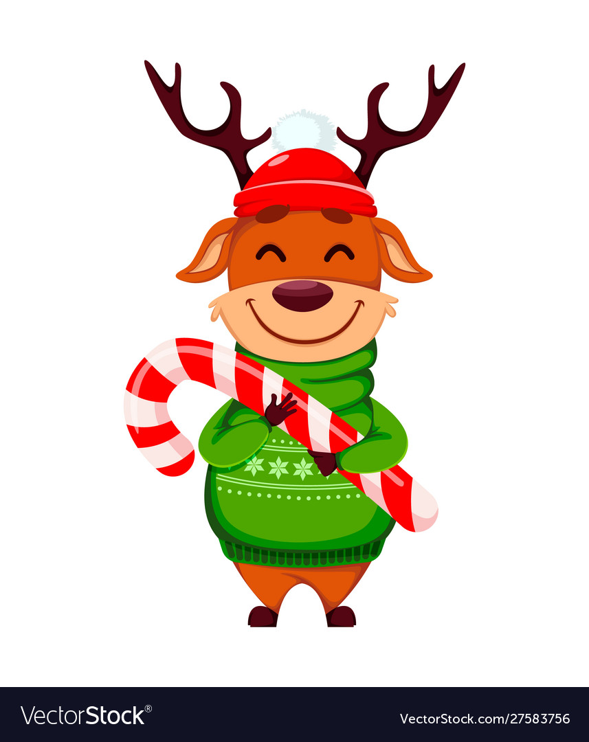 Funny reindeer holding big candy cane