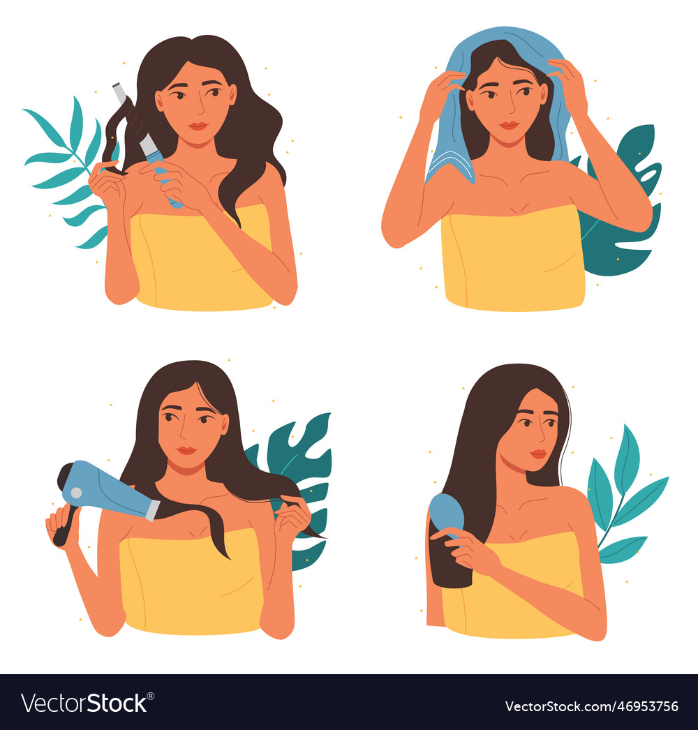 Hair care girl applying beauty caring products Vector Image