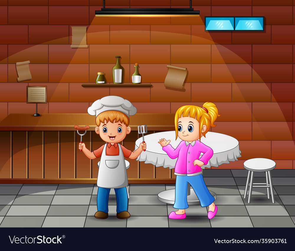 Little chef and girl in cafe