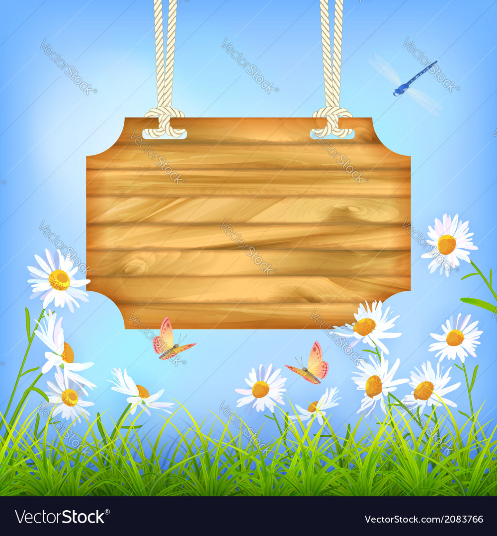 Sky green grass flowers wood board