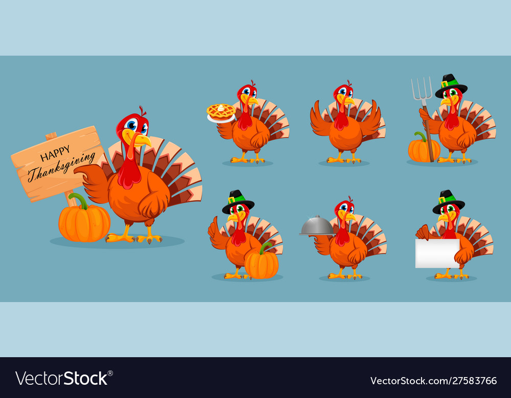 Thanksgiving turkey set seven poses Royalty Free Vector
