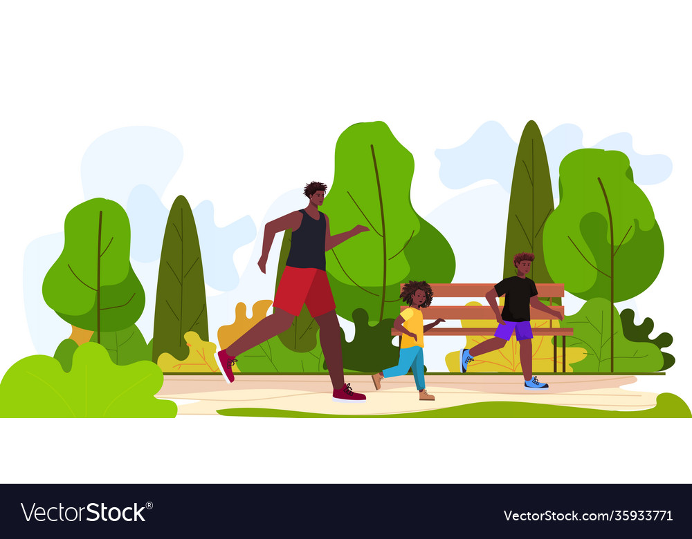 African american father running with little