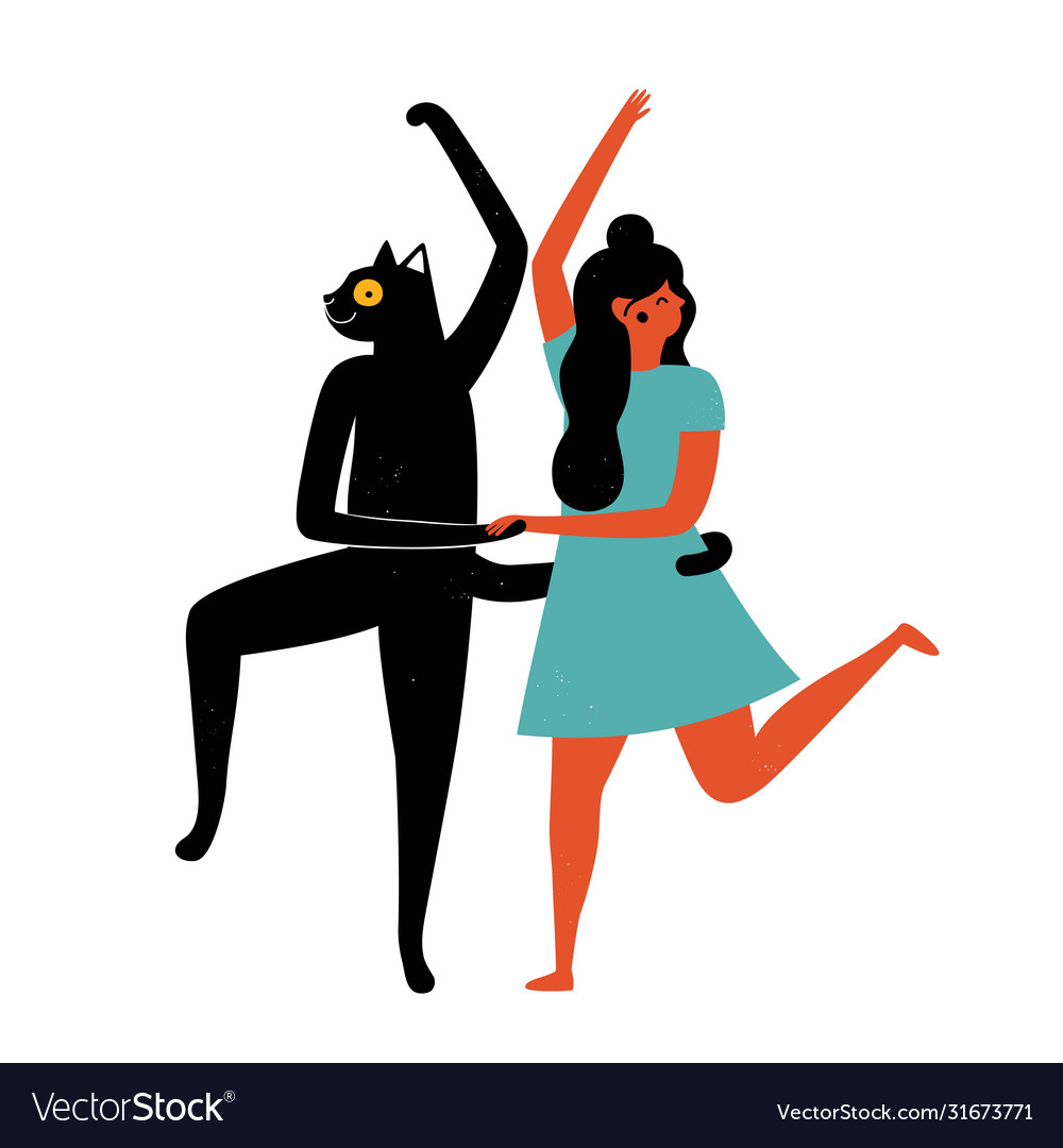 Happy dancing woman with black cat