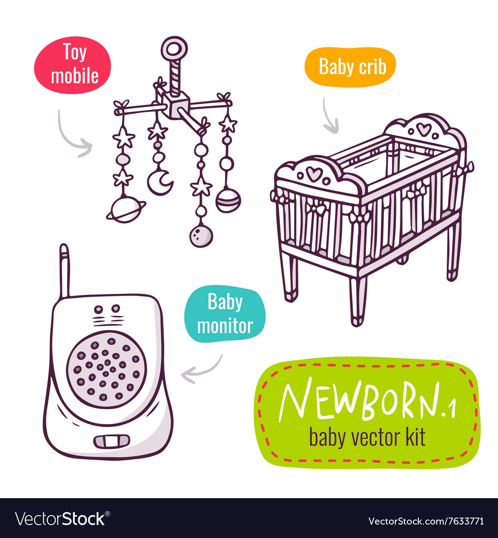 Line art icon set with baby products for newborns