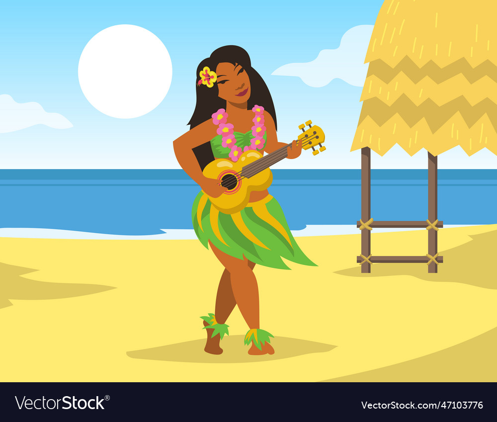 Hawaiian Woman In National Costume Playing Ukulele