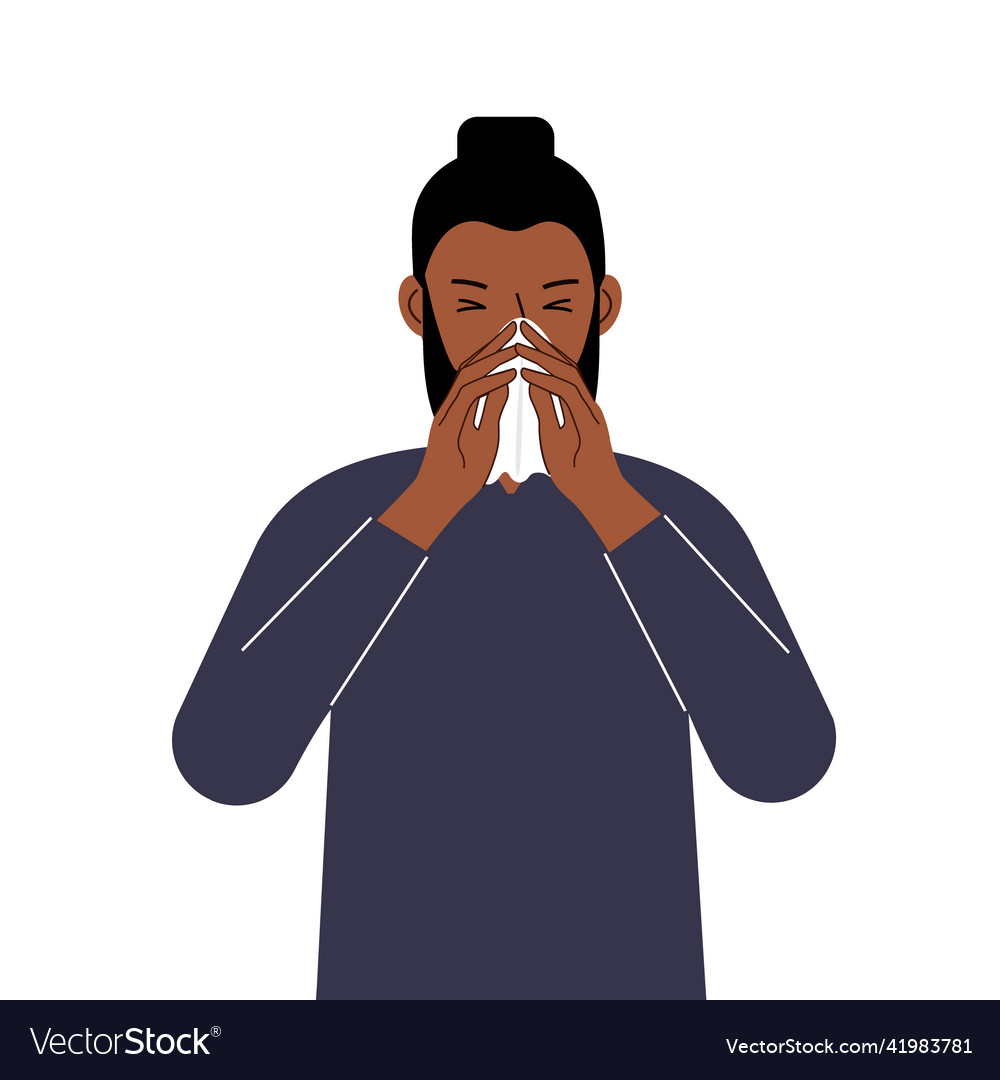 A man covers his nose with hands