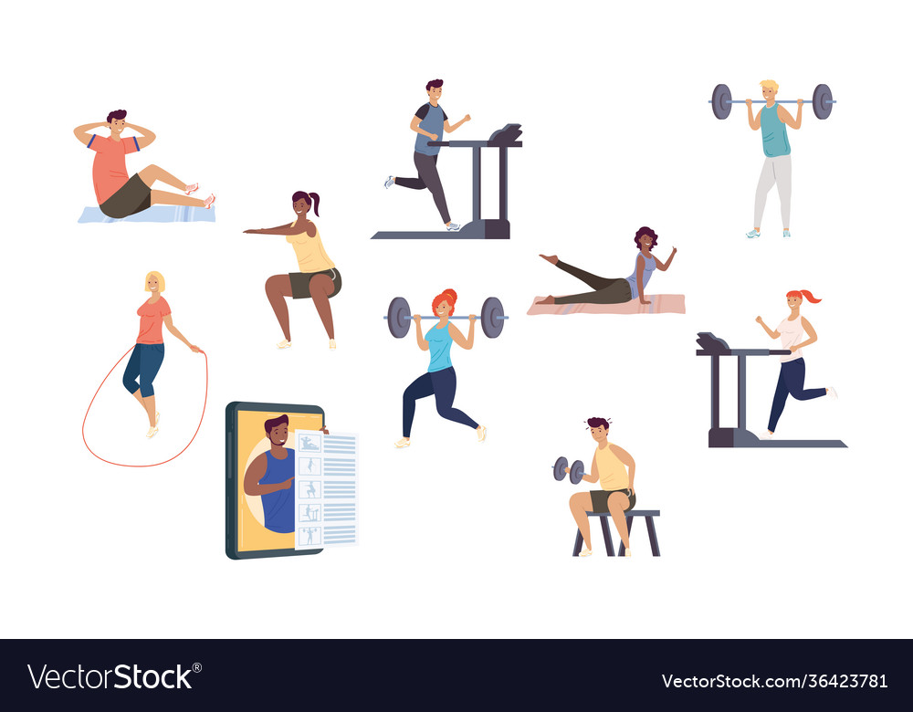 Bundle Ten Persons Practicing Fitness Sports Vector Image