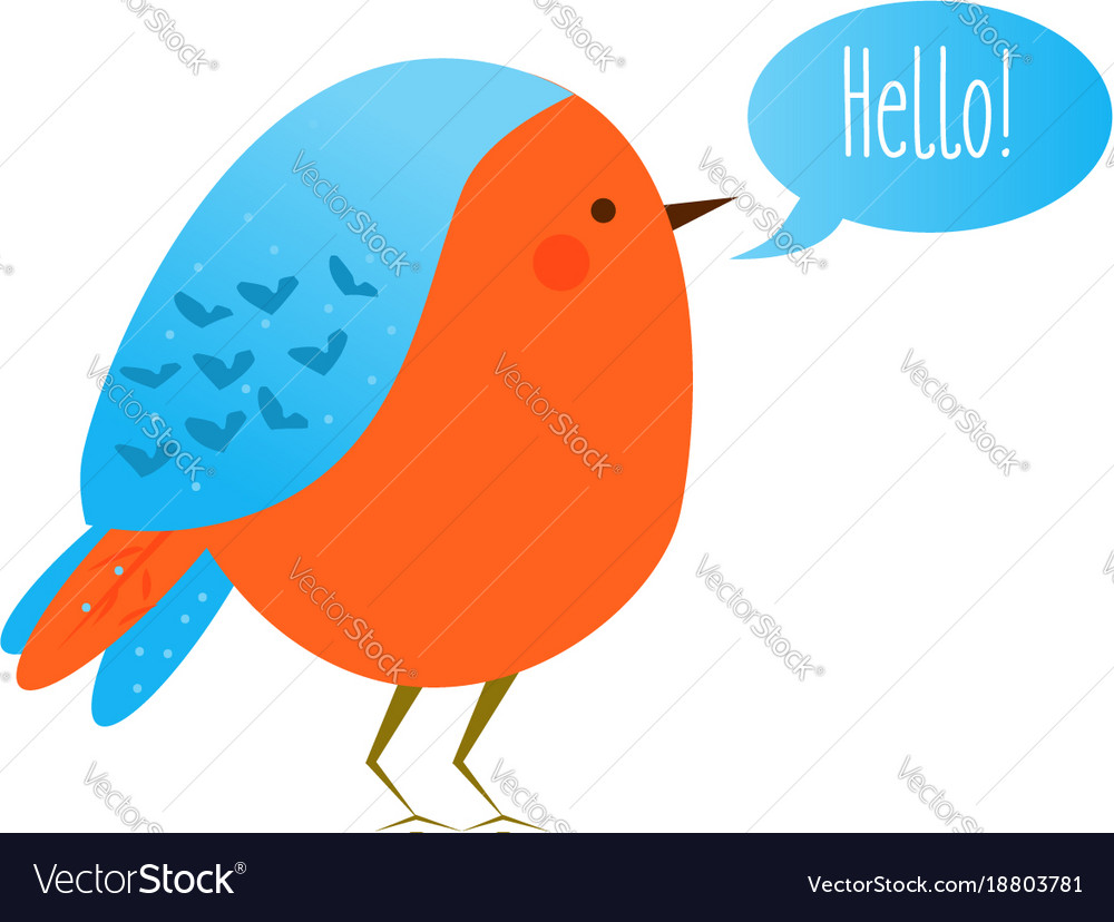 Cute kawaii bird with speech bubble saying hello