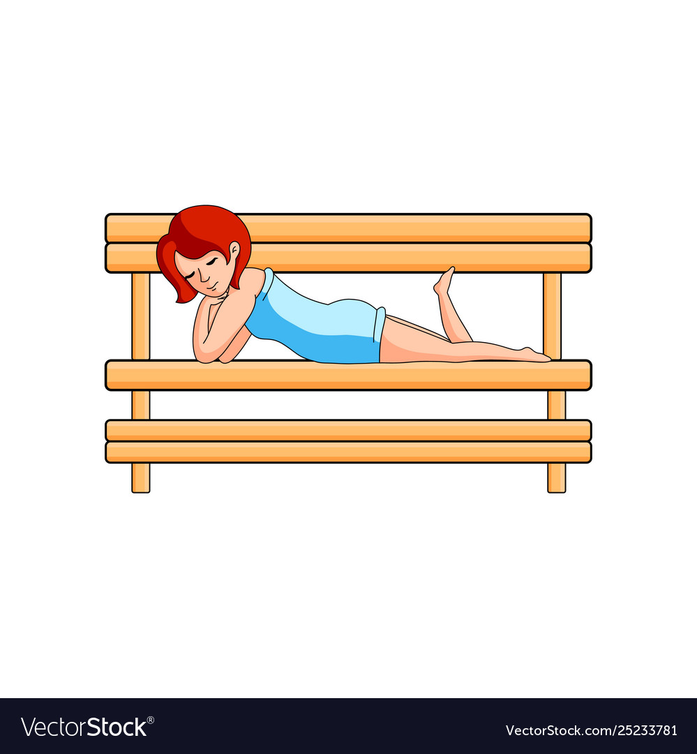 Cute red hair girl sitting on wood hot sauna