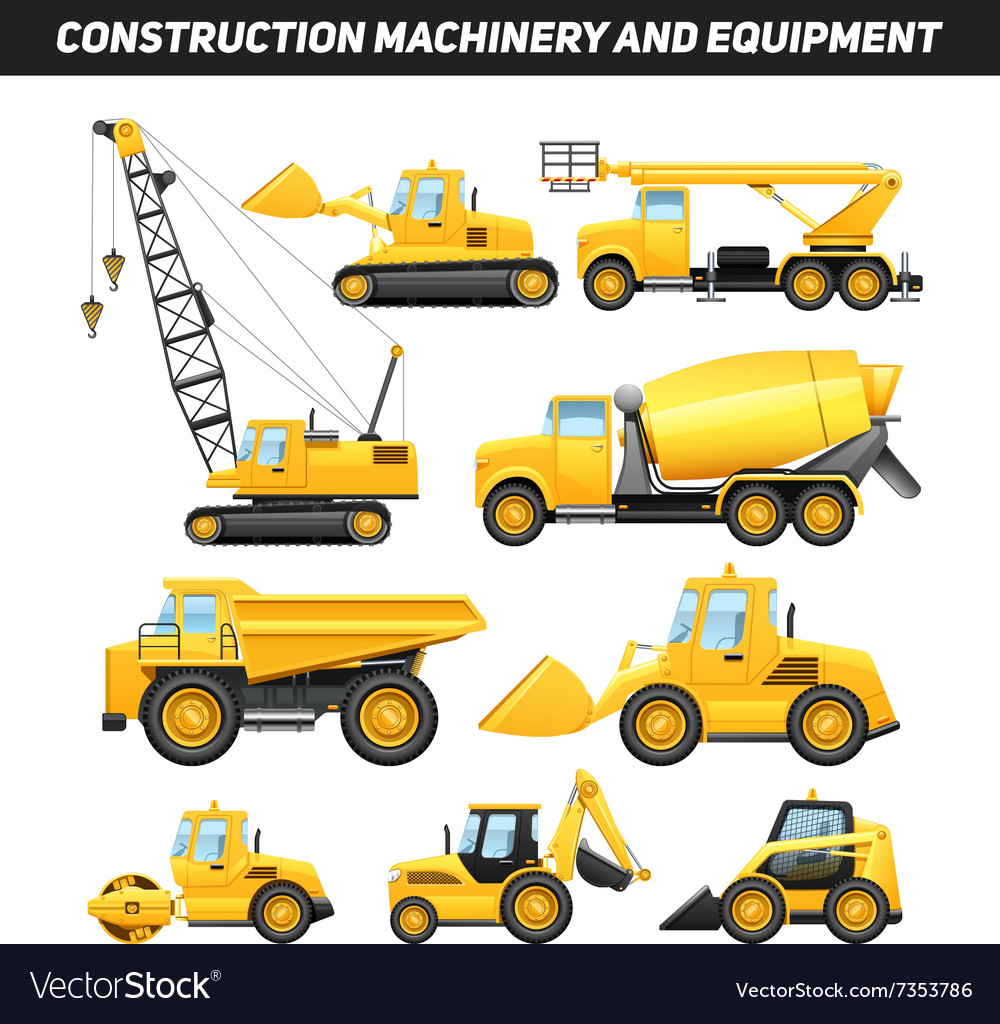 Construction equipment machinery flat icons set Vector Image