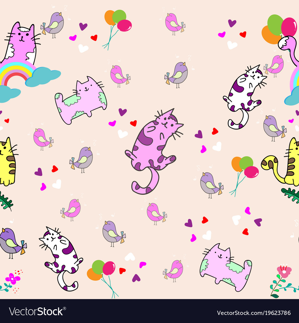 Cute cat seamless pattern with little bird