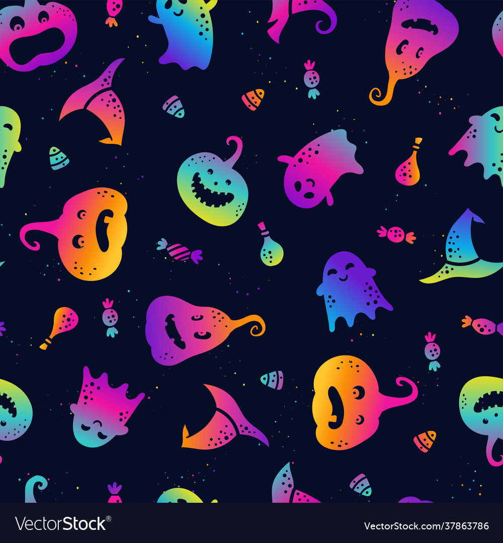 Cute Hand Drawn Halloween Seamless Pattern Funny Vector Image