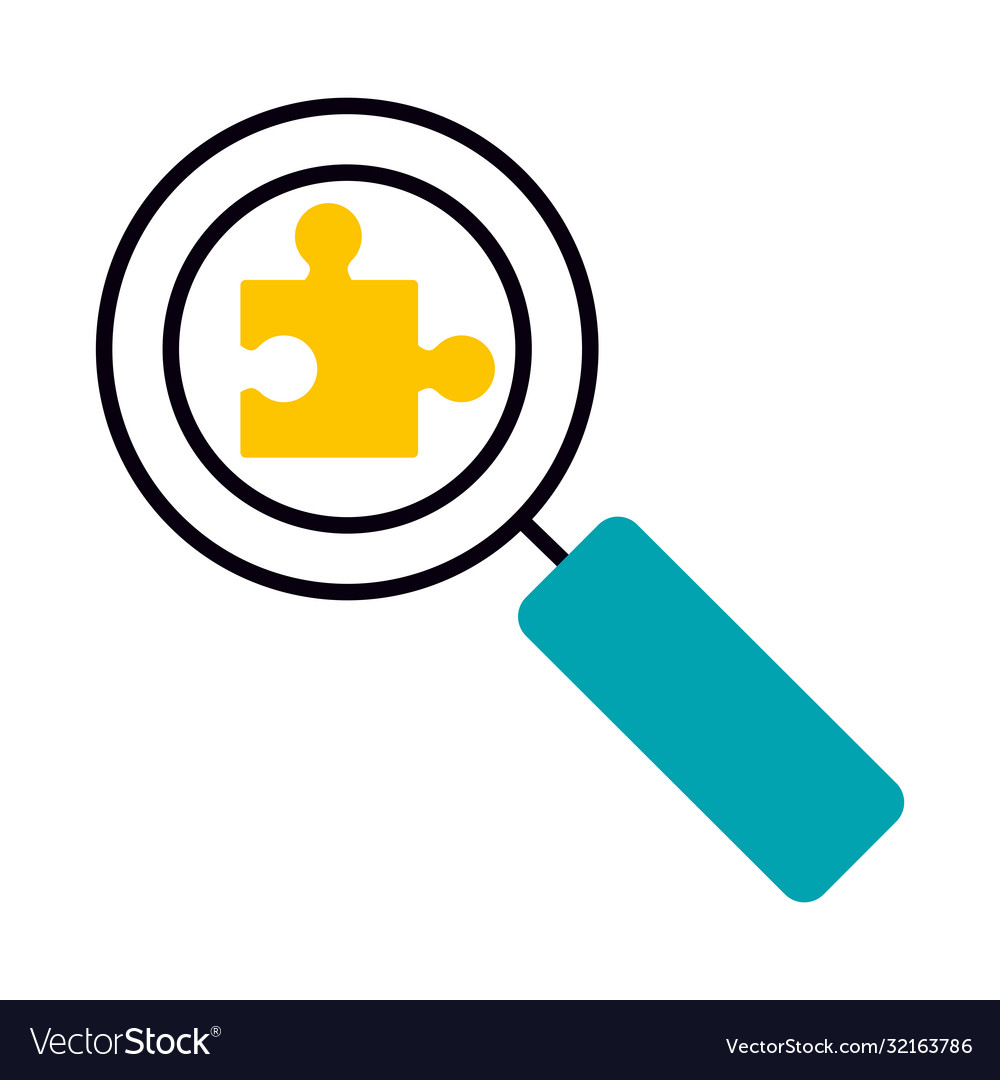 Magnifying glass with jigsaw puzzle icon half