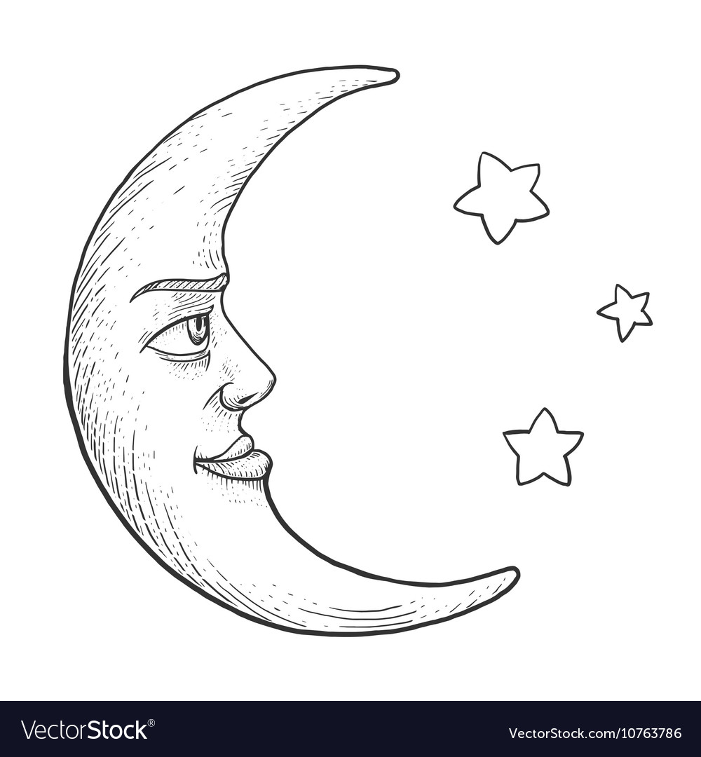 Moon with face engraving style Royalty Free Vector Image