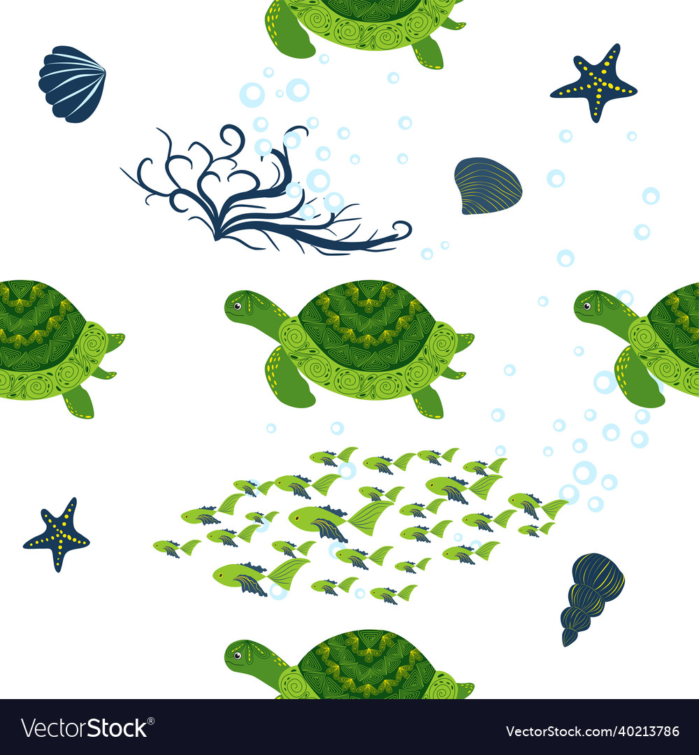Turtle green seamless pattern beautiful character Vector Image