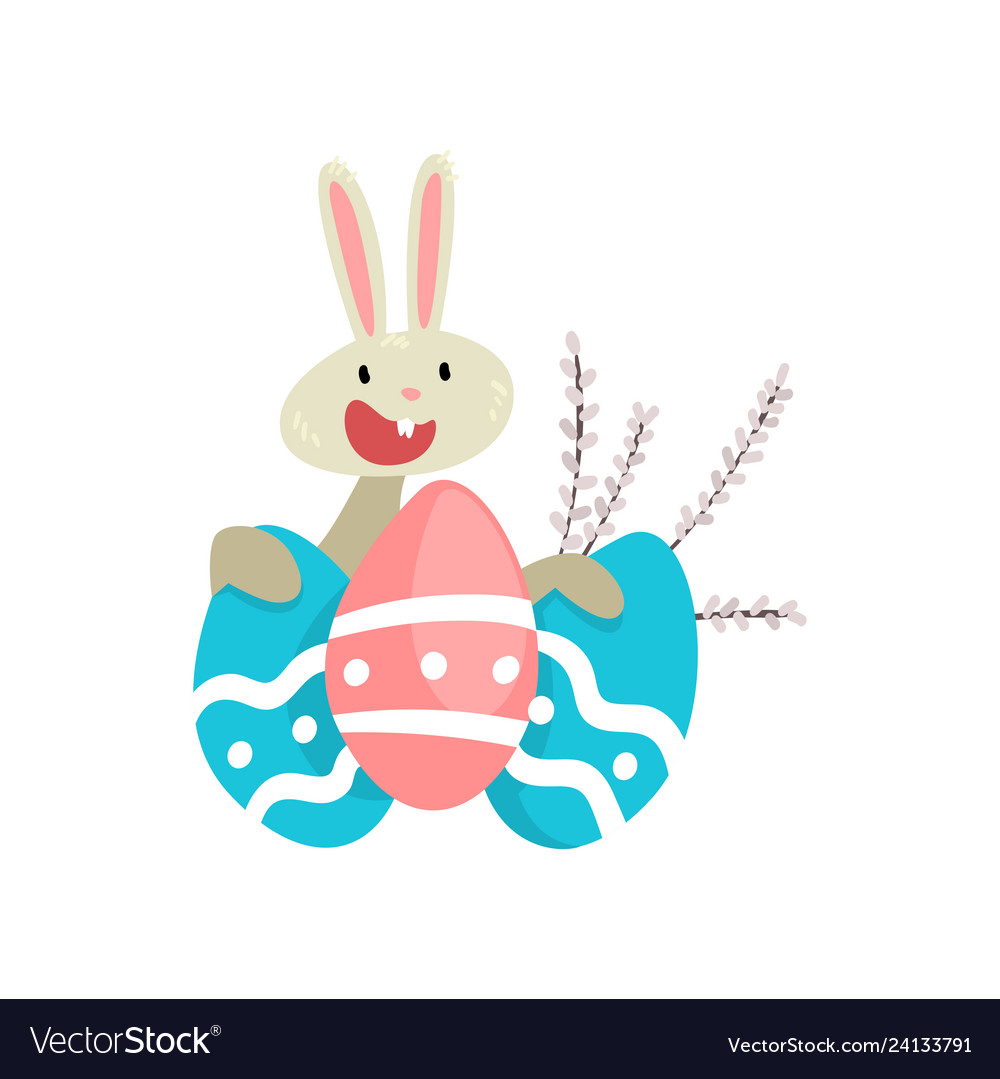 Cute white easter bunny with colorful eggs funny Vector Image