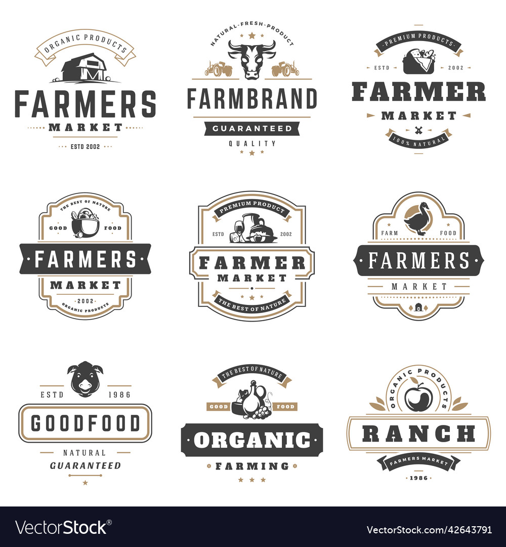 Farmers market logos templates objects set Vector Image