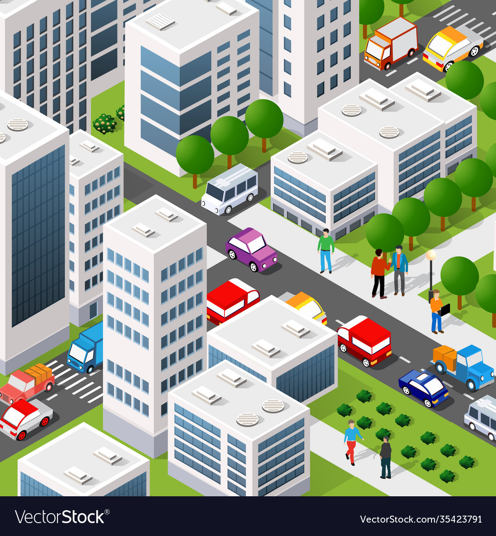 Isometric 3d city quarter Royalty Free Vector Image