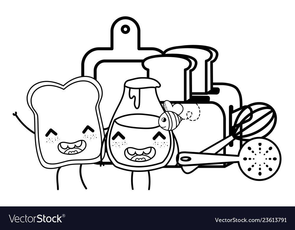 Kitchen and food kawaii cartoons in black Vector Image