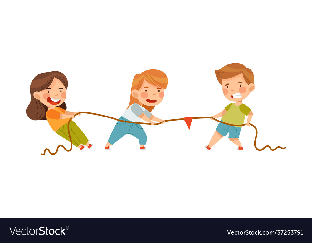 Little boy and girl playing tug war or rope