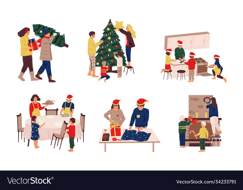 Preparing Christmas Family Decorating Eve Vector Image