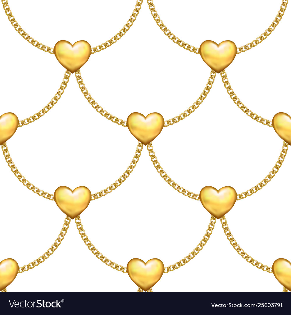 Seamless pattern with gold chains and hearts