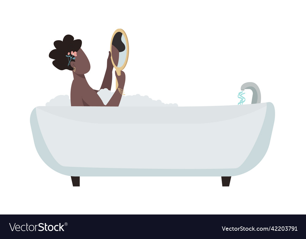 Woman with mirror relaxing in bathtub semi flat