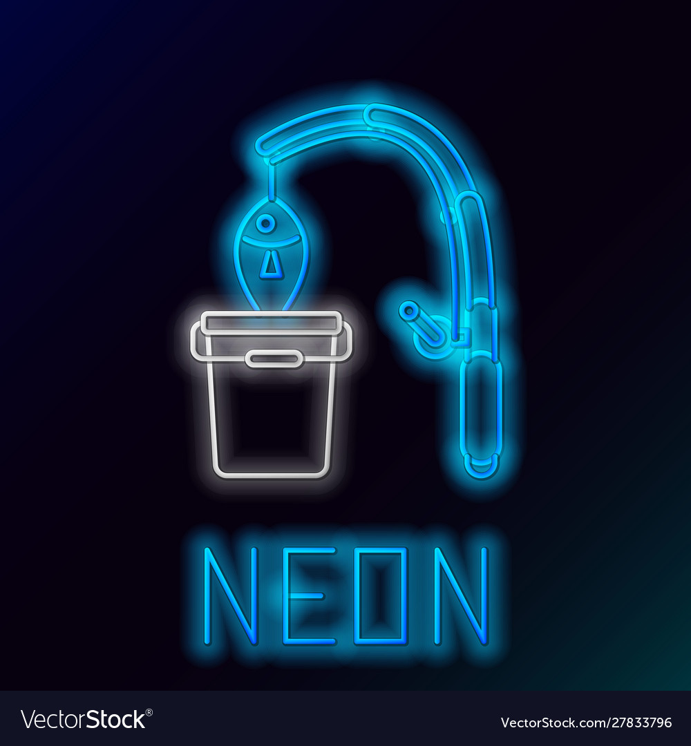 Blue glowing neon line fishing rod and fish icon