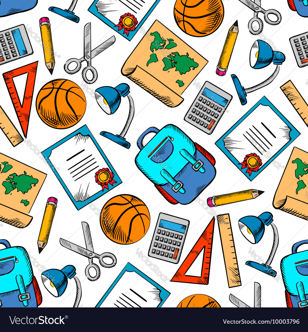 School supplies sporting items seamless pattern Vector Image