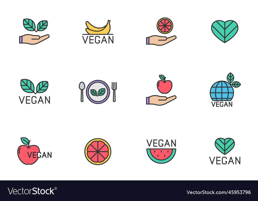 Vegan color filled line icon set