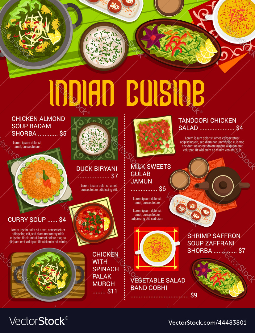 Indian cuisine meals menu veggie meat spice food Vector Image