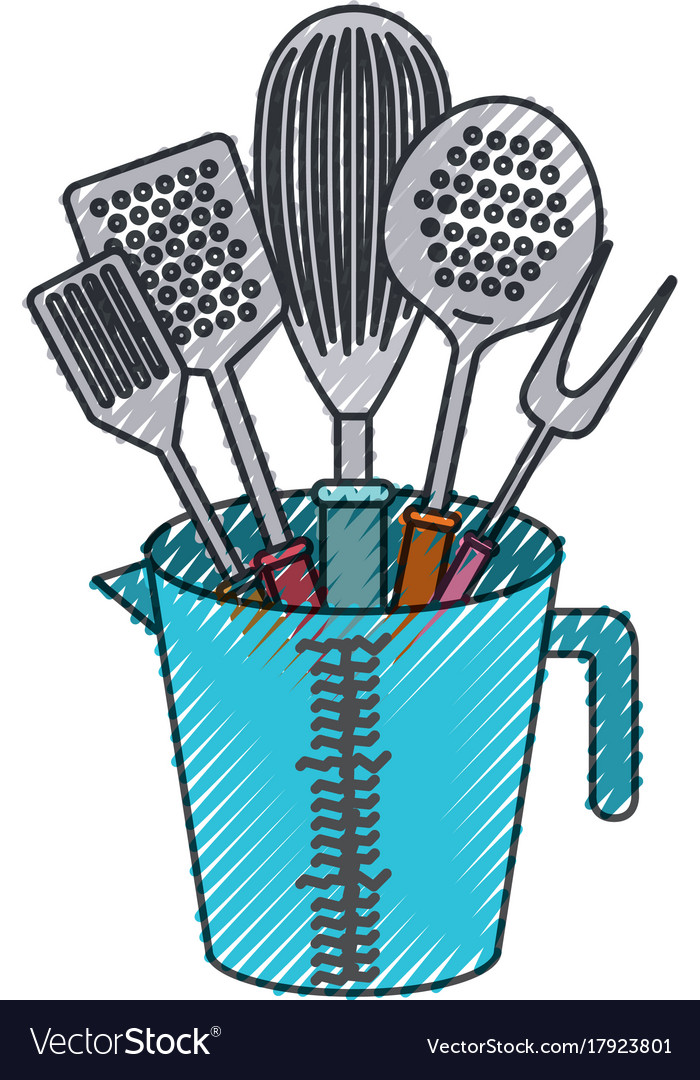 Jar with kitchen utensils colored crayon Vector Image