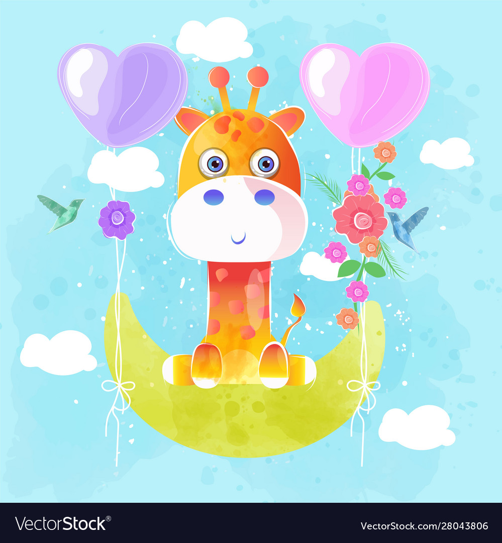 Cute giraffe flying with heart balloon Royalty Free Vector